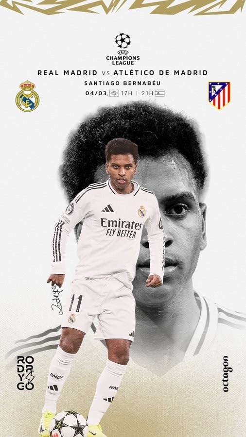 歐冠馬德里德比！羅德里戈曬個(gè)人海報(bào)：伯納烏見，HALA MADRID