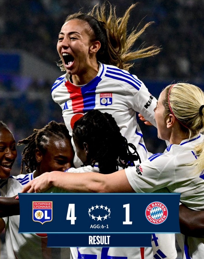 里昂女足4-1大勝拜仁女足，總比分6-1晉級(jí)女足歐冠半決賽